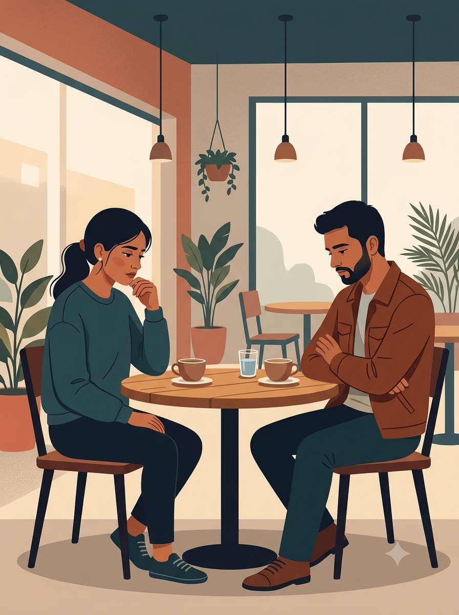 Couple sitting apart at cafe in cold silence