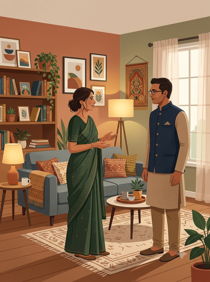 Peaceful Indian couple having calm conversation in living room